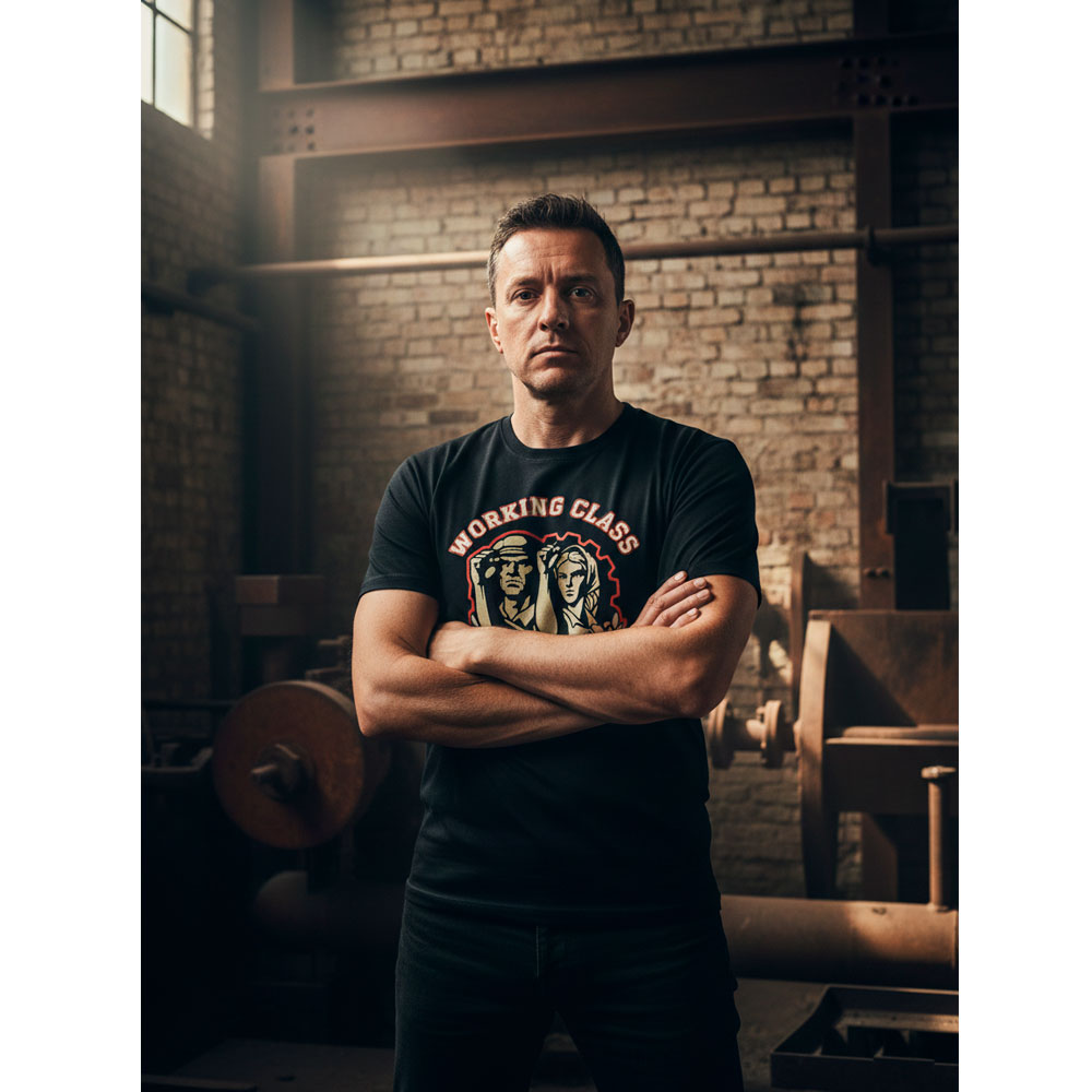 Hombre con Camiseta Working Class en un entorno industrial vintage con paredes de ladrillo