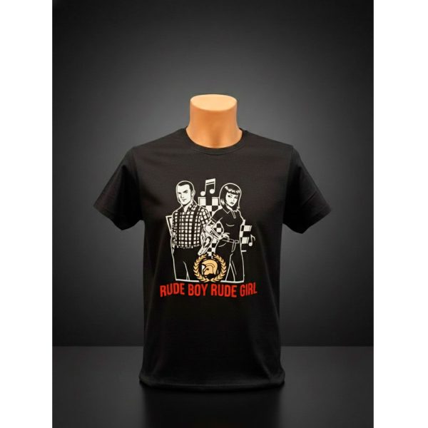 Camiseta negra de manga corta con gráfico frontal Rude Boy Rude Girl y laureles Trojan