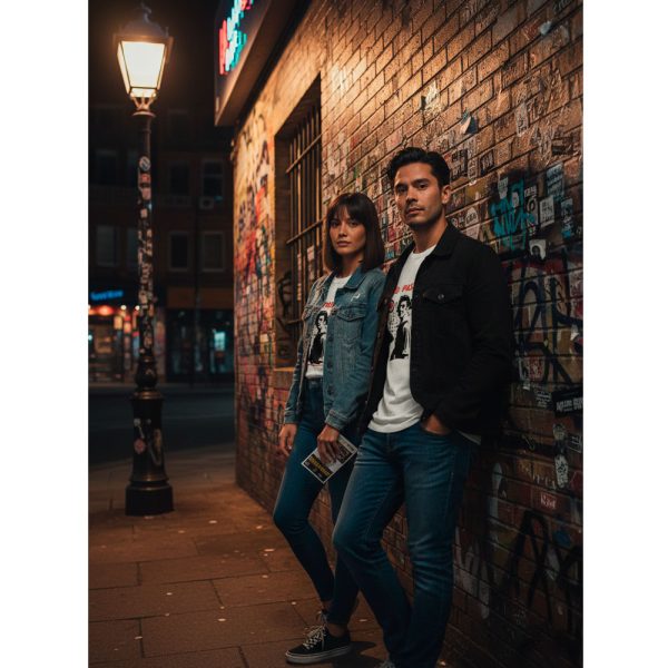 Pareja joven con la Camiseta No Pasarán de Ouh Rebel en un callejón urbano nocturno