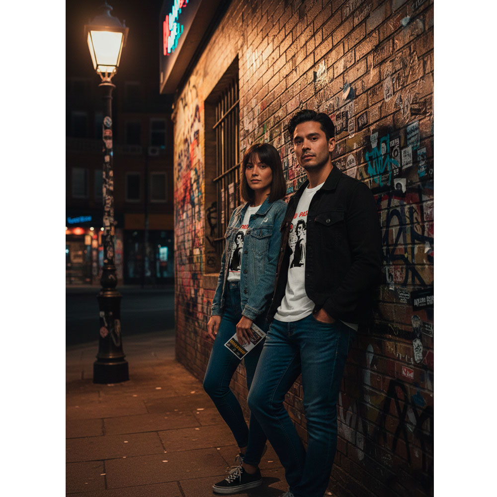 Pareja joven con la Camiseta No Pasarán de Ouh Rebel en un callejón urbano nocturno