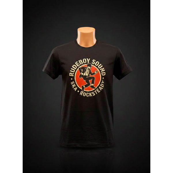 Camiseta negra Rude Boy Sound Ouh Rebel diseño circular Skanking Man