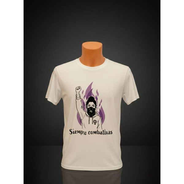 Vista frontal de camiseta blanca de manga corta con gráfico de lucha feminista para Ouh Rebel.