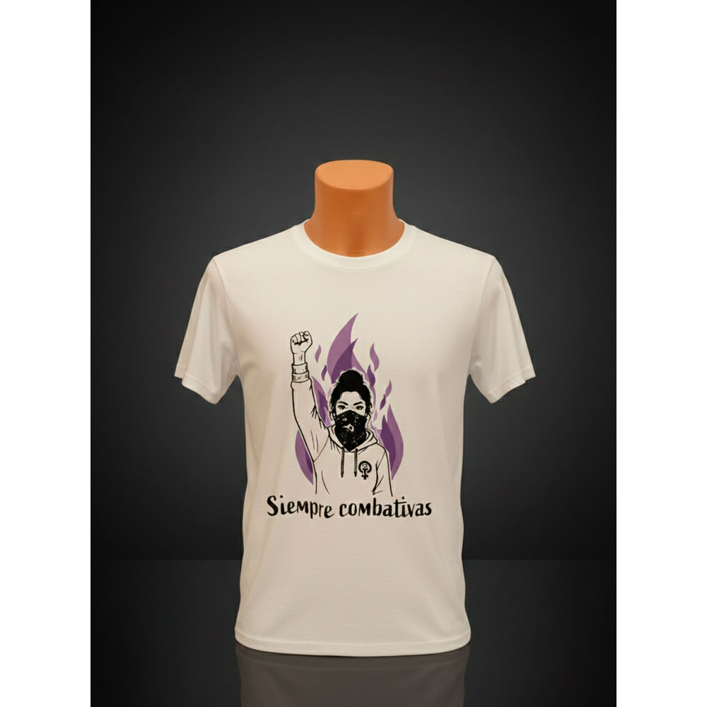 Vista frontal de camiseta blanca de manga corta con gráfico de lucha feminista para Ouh Rebel.
