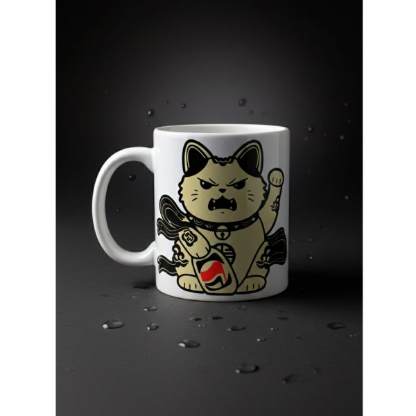 Taza blanca Ouh Rebel con gato de la suerte antifascista.