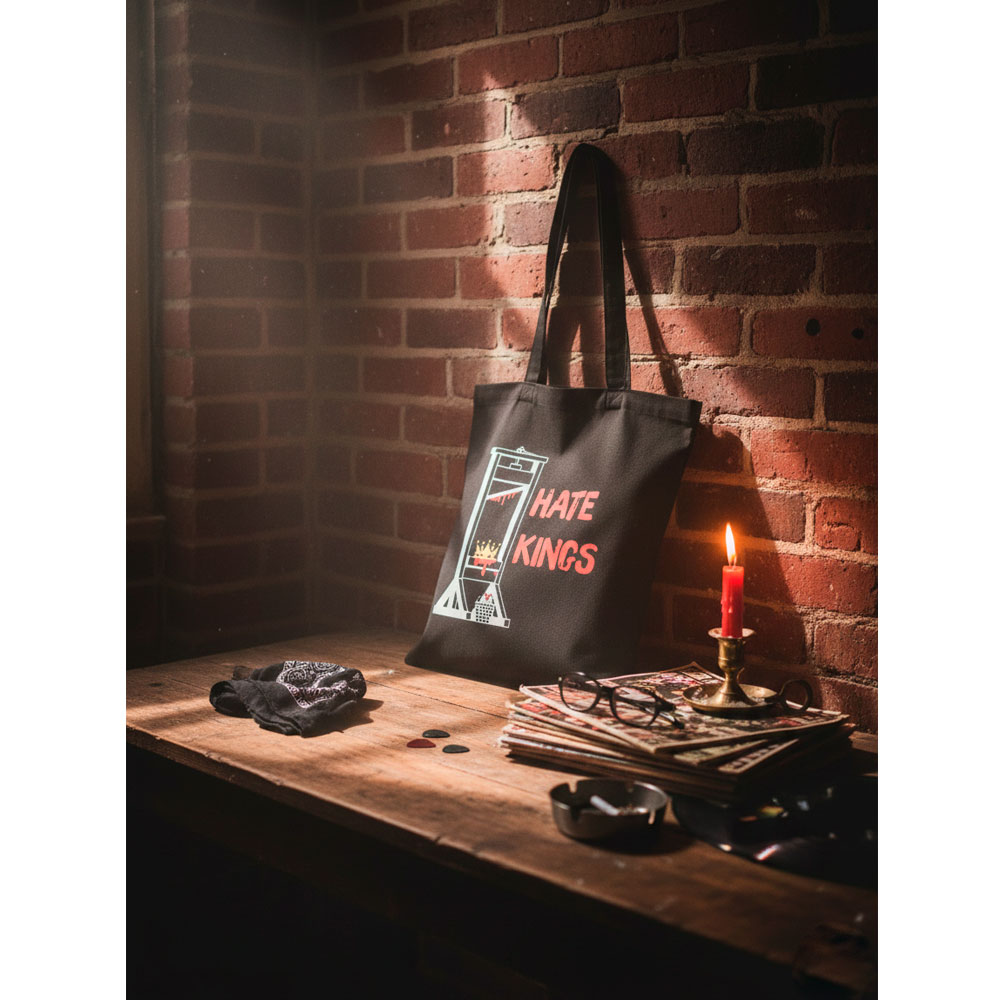 Bolsa de tela Hate Kings en un ambiente oscuro con luz de vela y estética de resistencia.