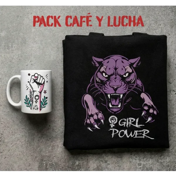 Pack Café y Lucha personalizable de Ouh Rebel con opciones de selección para mochila o tote bag y taza con diseños feministas y de clase.