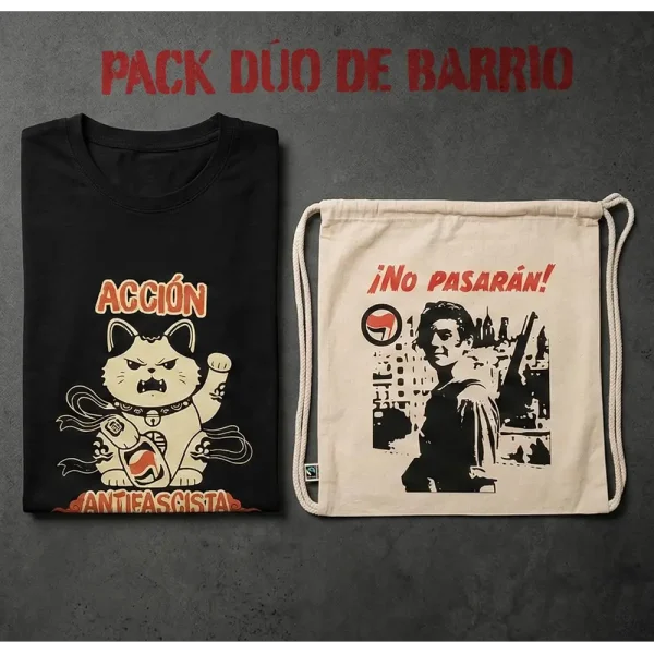Pack Dúo de Barrio personalizado. Mochila de cuerdas de algodón orgánico negro Ouh Rebel con impresión serigráfica de puño y lema.