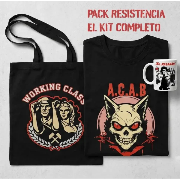 Pack de productos Ouh Rebel con camiseta negra ACAB, bolsa de tela Working Class y taza No Pasarán.