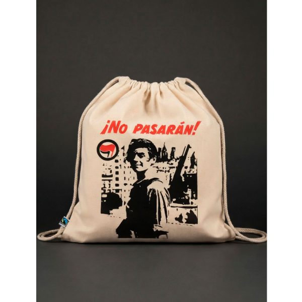 Mochila de cuerdas cruda Ouh Rebel con diseño ¡No Pasarán!, bandera antifascista y figura de miliciano.