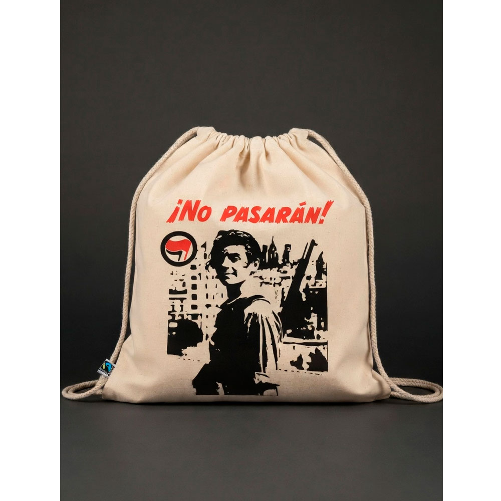 Mochila de cuerdas cruda Ouh Rebel con diseño ¡No Pasarán!, bandera antifascista y figura de miliciano.
