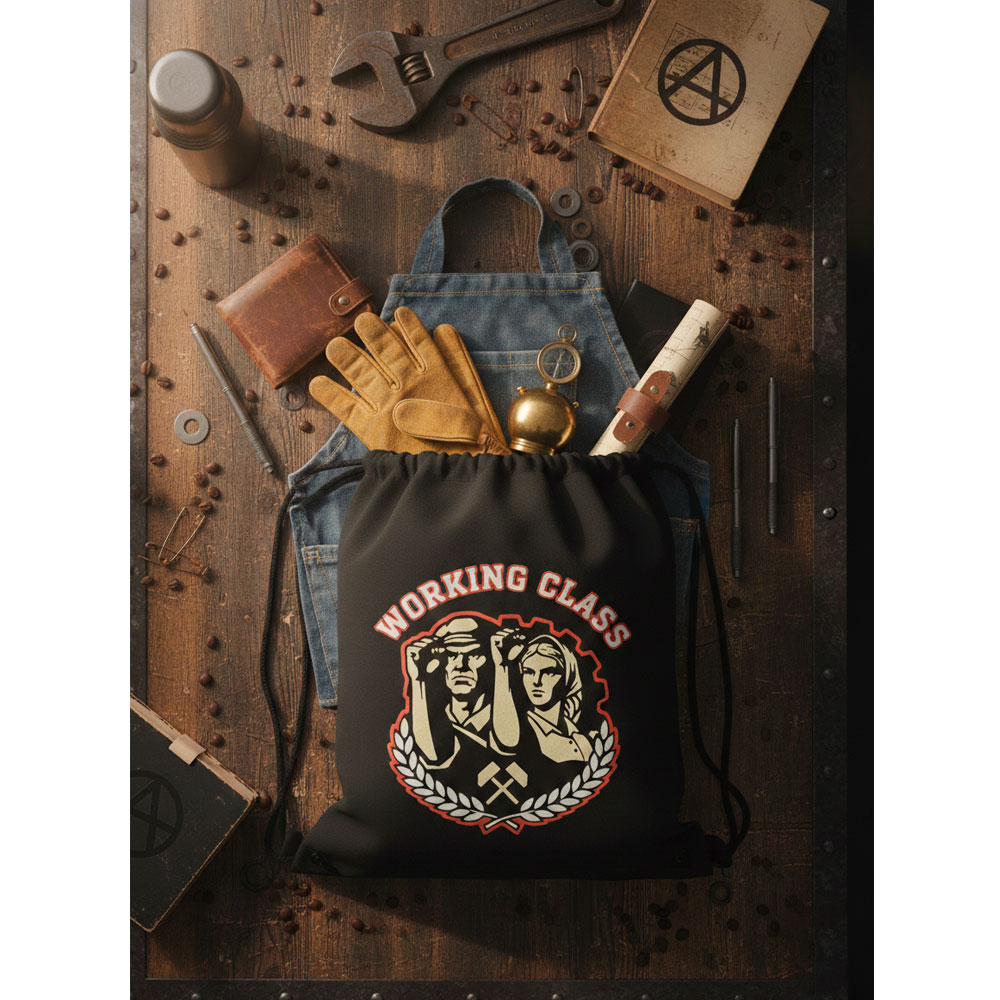 Mochila Working Class abierta mostrando herramientas de trabajo, cuaderno y botella de acero.