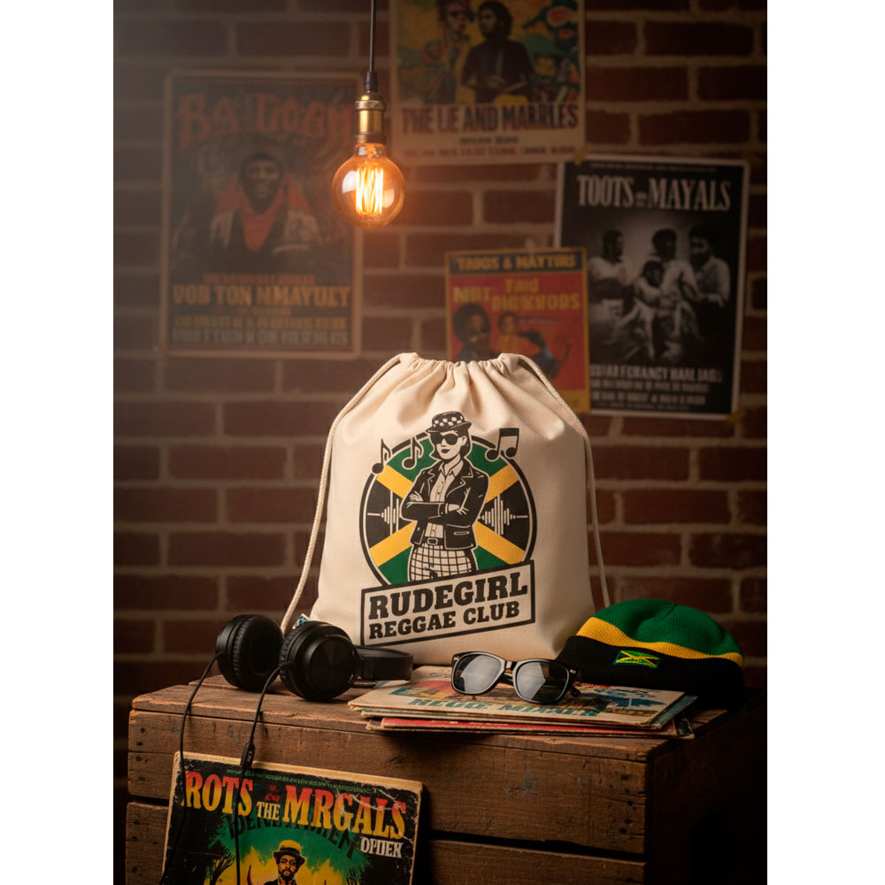Mochila Rudegirl Reggae Club de Ouh Rebel sobre una mesa de madera con auriculares, gafas de sol y posters de reggae al fondo.