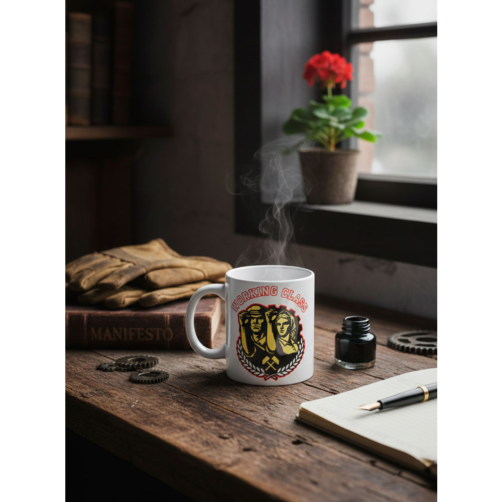 Taza Working Class en escritorio rústico junto a libro Manifesto, tintero y ventana con flor roja
