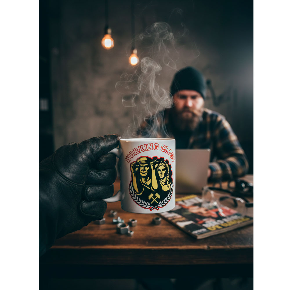Primer plano de mano con guante de cuero sosteniendo taza Working Class frente a un hombre con gorro y barba.