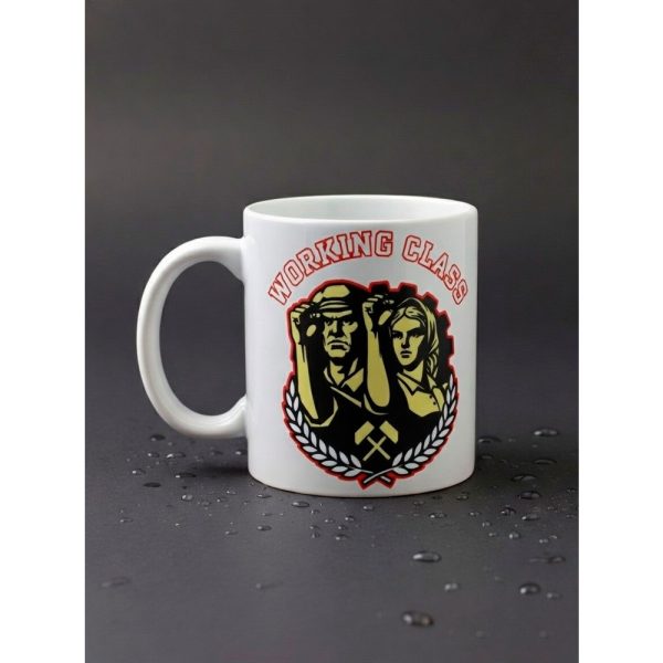 Taza blanca Ouh Rebel Working Class con ilustración de obreros y laureles en rojo y dorado
