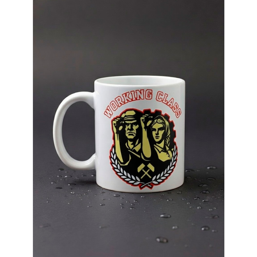 Taza blanca Ouh Rebel Working Class con ilustración de obreros y laureles en rojo y dorado