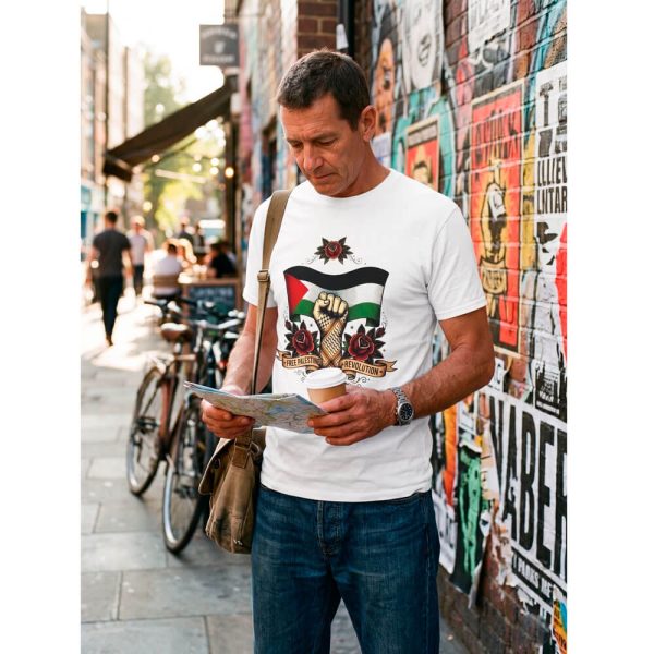 Hombre con la camiseta blanca «Free Palestine Revolution» mirando un mapa en una calle urbana con carteles y bicicletas de fondo.