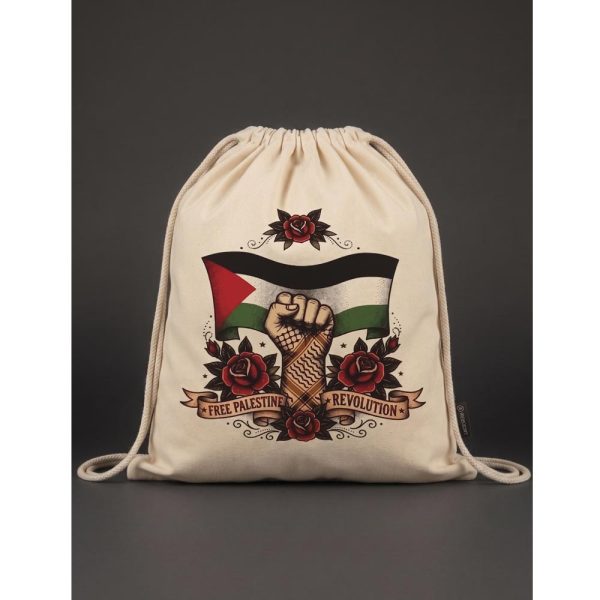 Mochila de cuerdas de tela cruda con ilustración Old School de puño alzado con kufiyya, bandera palestina y rosas rojas Free Palestine Revolution.